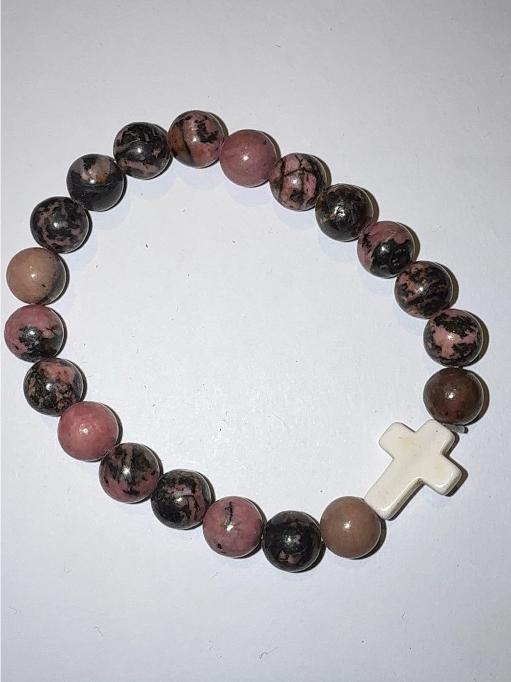 Natural Rhodonite Stone Beaded Bracelet with White Cross Charm